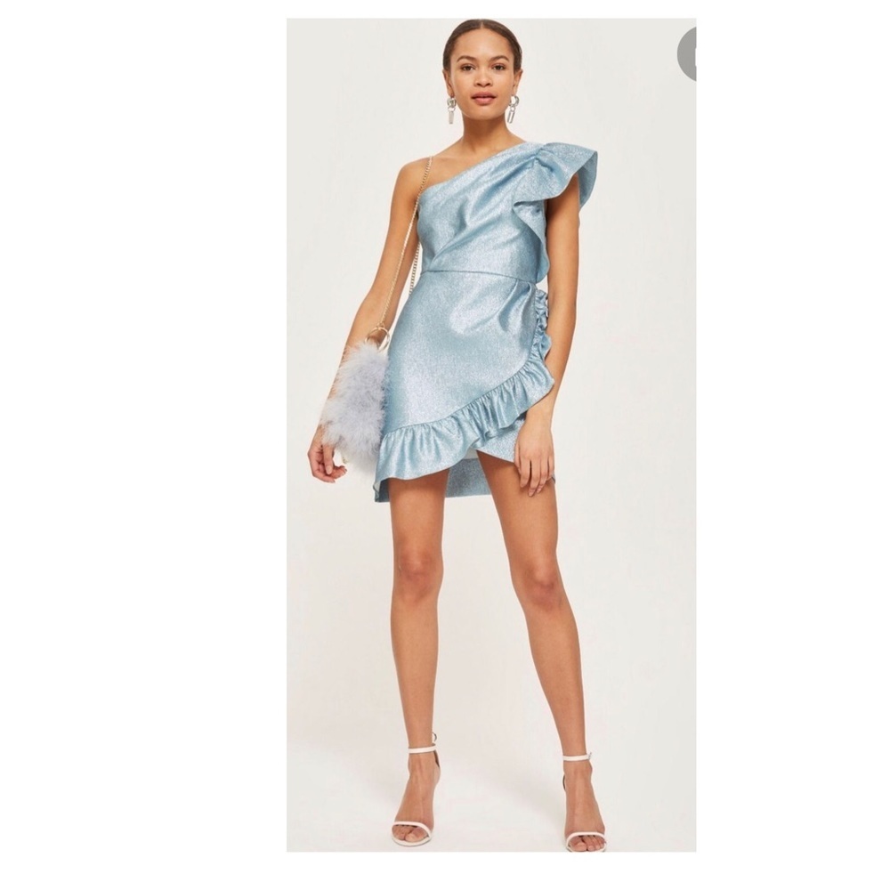 TopShop one shoulder metallic blue ruffle dress 8